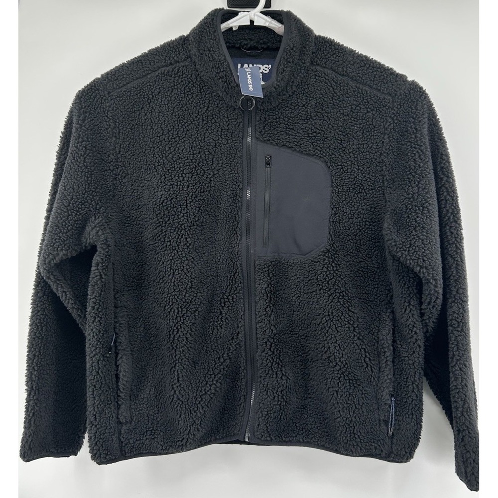 Lands End Sherpa Fleece Jacket‎ Full Zip Long Sleeve Black Men's XL 46-48 NWT